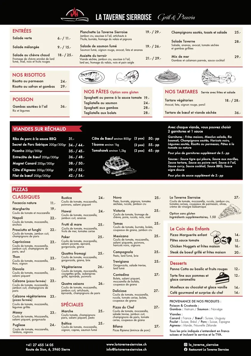 carte du restaurant la taverne